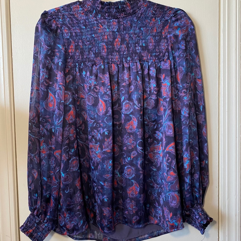 Joie Floral Print Smocked Top Fall Fashion Blouse Dark Academia 70s Inspired